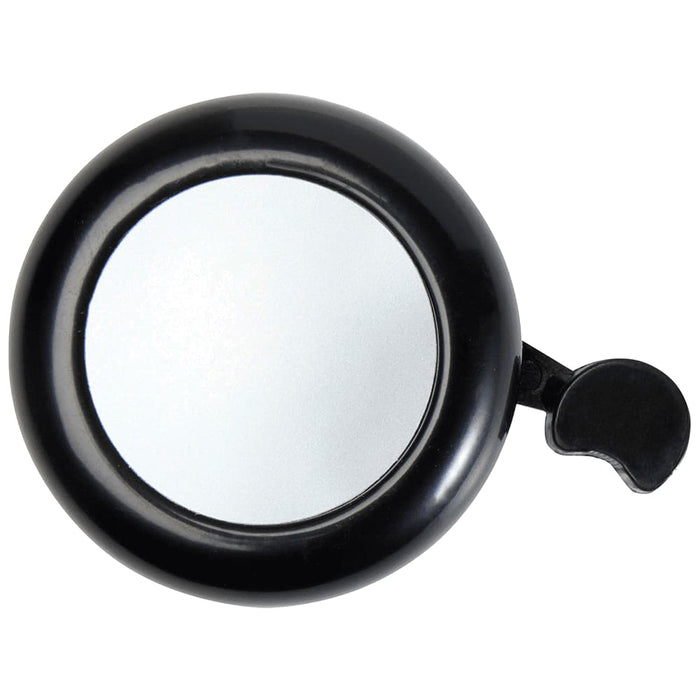 Bellix Bicycle Bell - A black bicycle bell with a shiny silver surface and a side lever for ringing. It features a logo.