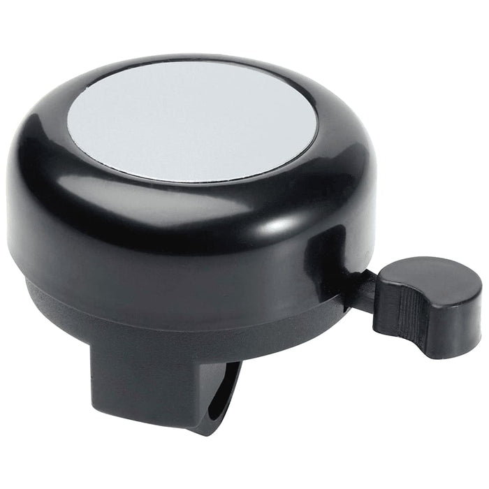 Bellix Bicycle Bell - A black bicycle bell with a shiny silver top and a small lever for ringing. It features a branding logo.