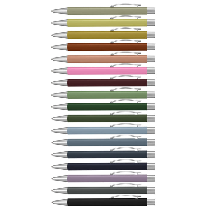 Lancer Fashion Pen - A collection of metal pens in various colours, each featuring a silver clip and detailing.