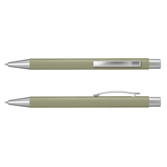 Lancer Fashion Pen - A green metal pen with silver accents, featuring a clip and a smooth design. It has a branding logo.