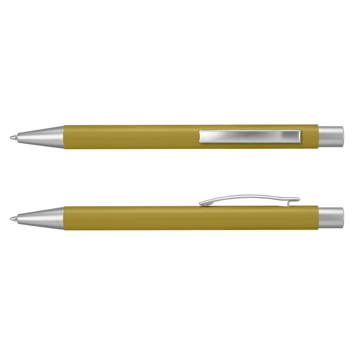 Lancer Fashion Pen - A metal pen in olive green with silver accents and a clip, featuring a sleek design and a logo.