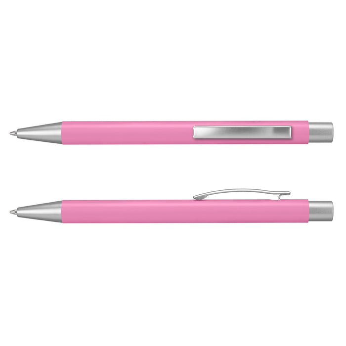 Lancer Fashion Pen - A pink metal pen featuring silver accents and a clip, displayed from two angles. It has a logo on the barrel.