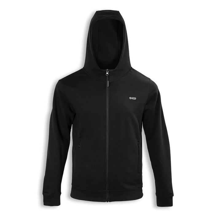 Swiss Peak Urban Hoodie - A black zip-up hoodie featuring a hood and a small logo on the front.