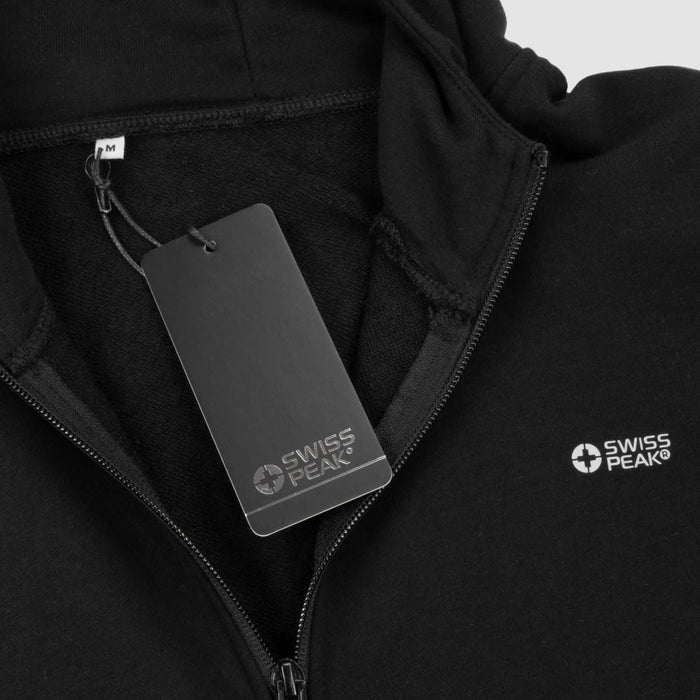 Swiss Peak Urban Hoodie - A black hoodie featuring a zip and a tag, with a small branding logo on the front.