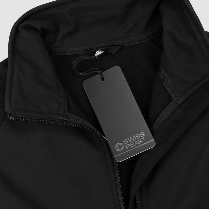 Swiss Peak Urban Softshell Jacket - A black softshell jacket with a zip closure and a tag featuring a logo.