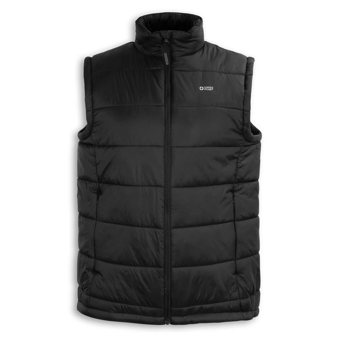 Swiss Peak Urban Puffer Vest - A black puffer vest with a high collar and zip front, featuring a logo on the chest.