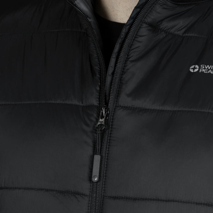 Swiss Peak Urban Puffer Vest - A black puffer vest featuring a zip closure and a logo on the upper right side.