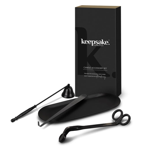 Keepsake Candle Accessory Set - A candle accessory set featuring a black candle snuffer, wick trimmer, and dipper, presented in a sleek black box.