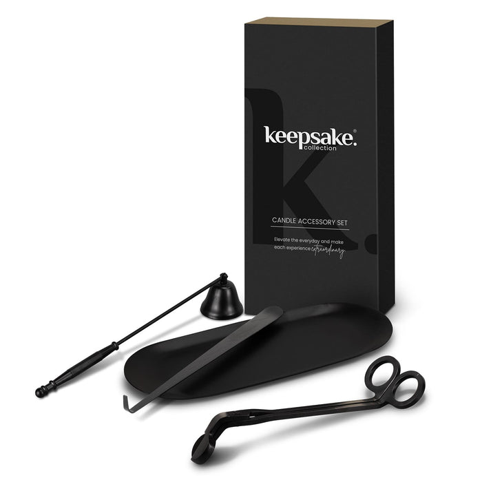 Keepsake Candle Accessory Set - A candle accessory set featuring a black candle snuffer, wick trimmer, and dipper, presented in a sleek black box.