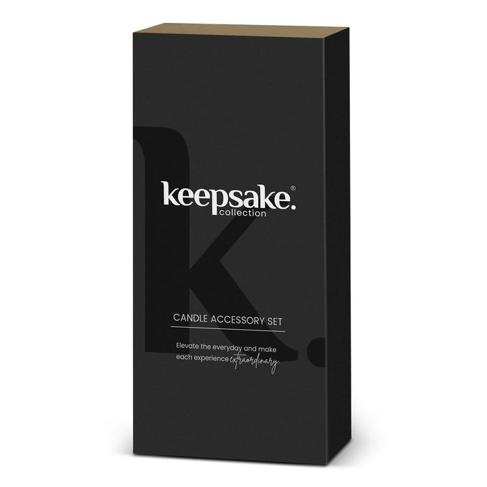 Keepsake Candle Accessory Set - A black box containing a candle accessory set, featuring a minimalistic design and a logo.