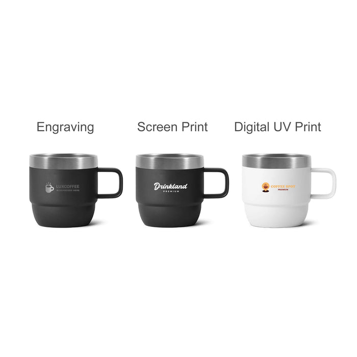 Stackable Stainless Steel Mug - A stackable stainless steel mug in black and white, featuring a logo on each mug. Suitable for drinkware use.