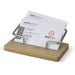 Bamboo Business Card Stand - A bamboo business card stand with a silver metal holder, displaying several business cards in a neat arrangement.