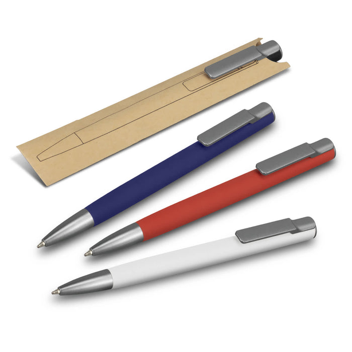 SPICE Slide Pen - A set of three SPICE Slide Pens in red, blue, and white, featuring silver accents, displayed with a packaging sleeve.