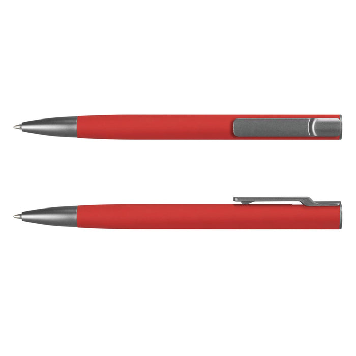 SPICE Slide Pen - A red metal pen with a silver clip, featuring a smooth, sleek design and a metallic finish.