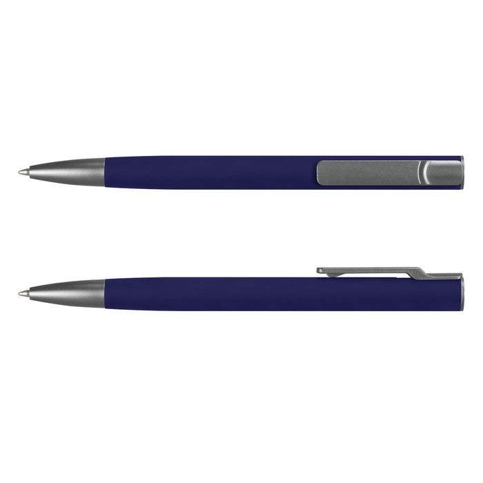 SPICE Slide Pen - A navy blue metal pen with a sleek design, featuring a silver clip and tip. It includes a logo.