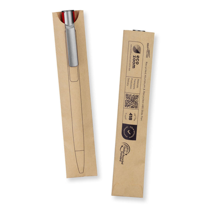 SPICE Slide Pen - A metal pen in silver, displayed with a cardboard packaging design featuring a logo.