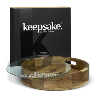 Keepsake Platter Tray - A wooden platter tray with a glass top, presented in a black branded box. The tray features a circular design.