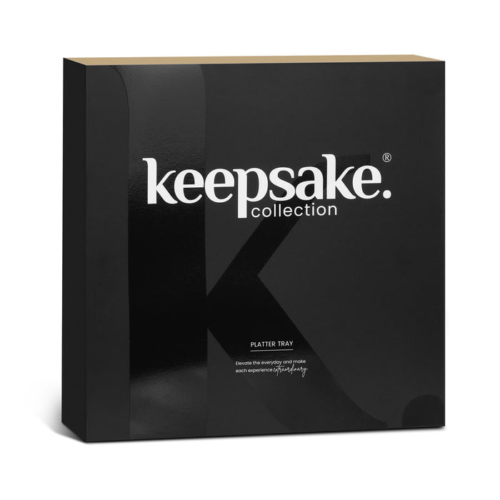 Keepsake Platter Tray - A black box featuring a branded logo, containing a platter tray for serving food.