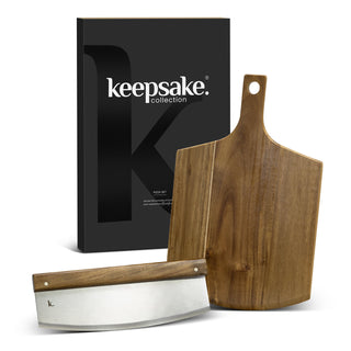 Keepsake Pizza Set - A wooden cheese board and knife set, featuring a stainless steel blade, packaged in a sleek black box with a logo.