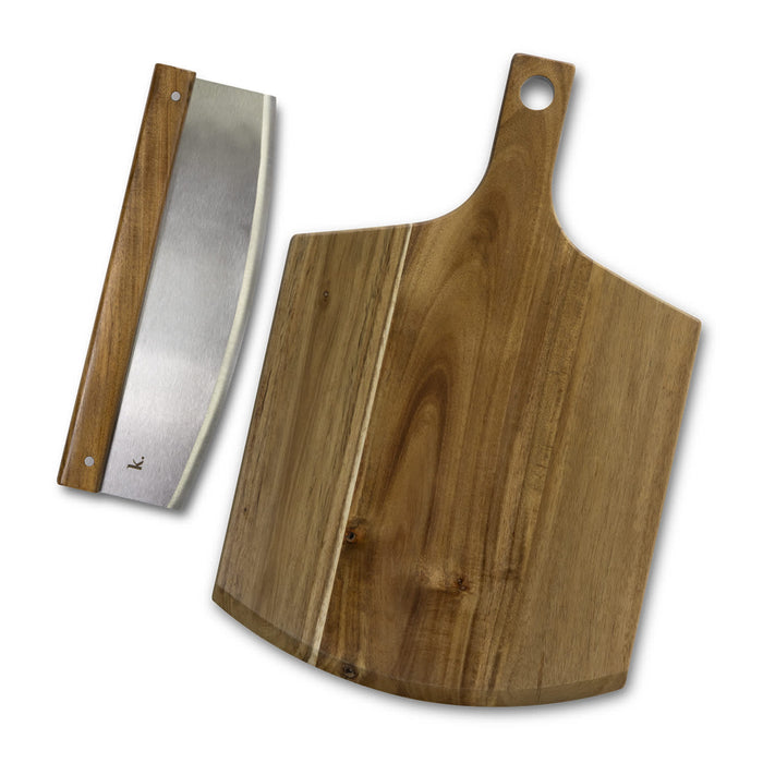 Keepsake Pizza Set - A wooden cheese board and knife set in brown and silver, featuring a sleek design and a hanging hole.