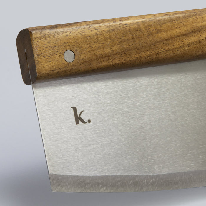 Keepsake Pizza Set - A wooden-handled cheese knife with a stainless steel blade, featuring a simple logo.