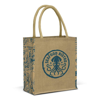 Lanza Jute Tote Bag - A jute tote bag in natural with blue illustrations and a logo on the front. Features sturdy handles for easy carrying.