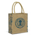 Lanza Jute Tote Bag - A jute tote bag in natural with blue illustrations and a logo on the front. Features sturdy handles for easy carrying.