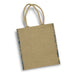 Lanza Jute Tote Bag - A jute tote bag in natural colour with patterned blue trim and two sturdy handles. Features a logo.