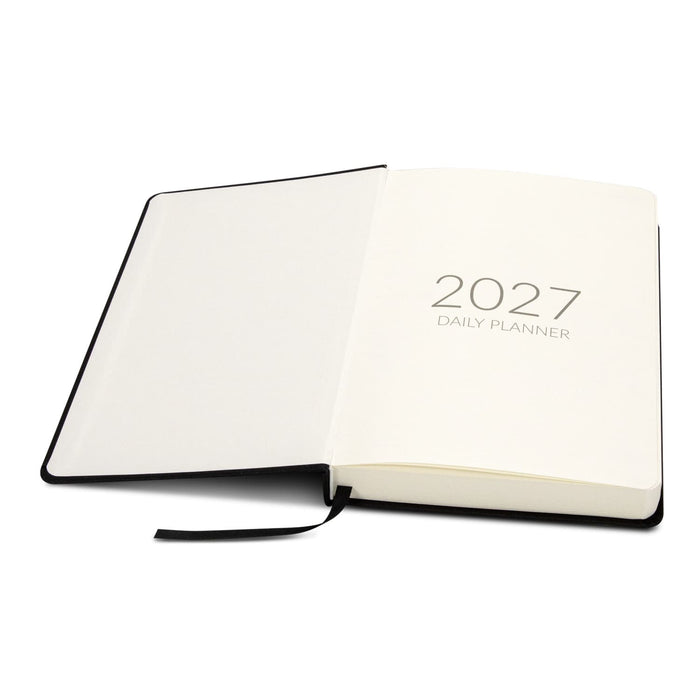 A5 Daily Diary - 2027 - A5 daily diary in black with a blank interior and 2027 printed on the first page. Features a ribbon bookmark.
