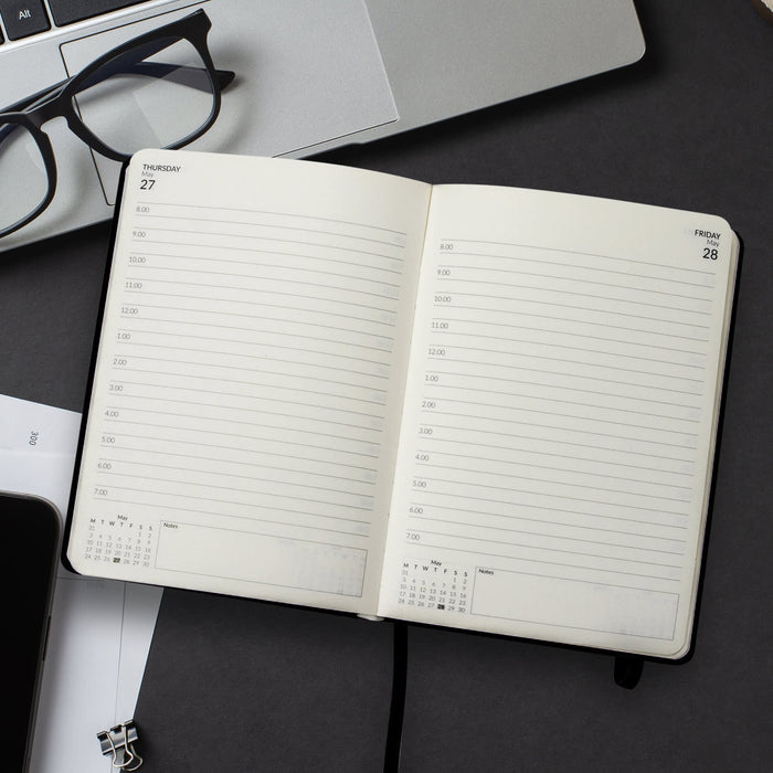 A5 Daily Diary - 2027 - A5 daily diary for 2027, featuring blank pages for each day, with a black cover and a ribbon bookmark.