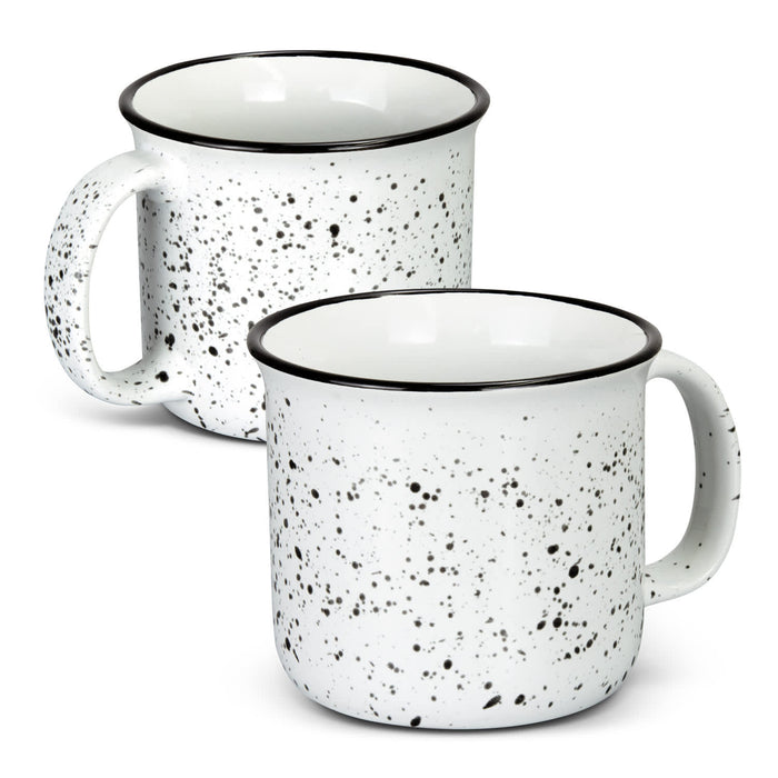 Bendigo Ceramic Mug - A ceramic mug in white with black speckles, featuring a simple handle and a black rim. Two mugs are displayed.