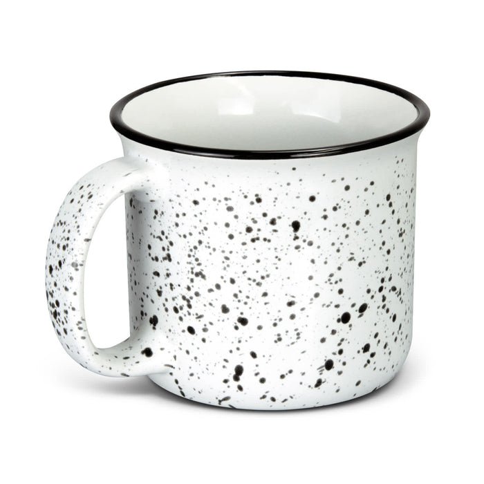 Bendigo Ceramic Mug - A ceramic mug in white with a speckled black pattern and a black rim, featuring a handle and a logo.