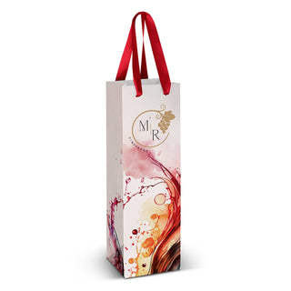 Wine Ribbon Handle Paper Bag - Full Colour - A wine ribbon handle paper bag in white, featuring colourful wine splash designs and a logo.