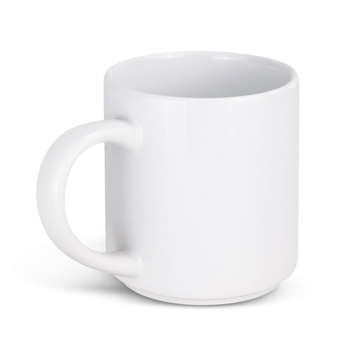 Arista Stackable Coffee Mug - A white stackable coffee mug with a rounded design and a handle, featuring a smooth finish.
