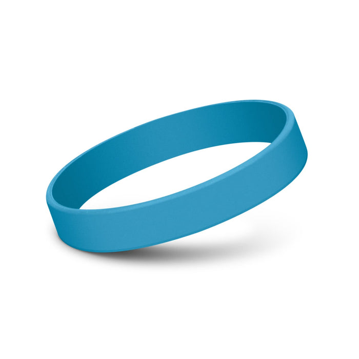 Kids Silicone Wrist Band - Embossed - A blue silicone wristband with a smooth, debossed finish. It has a simple, solid design and features a logo.