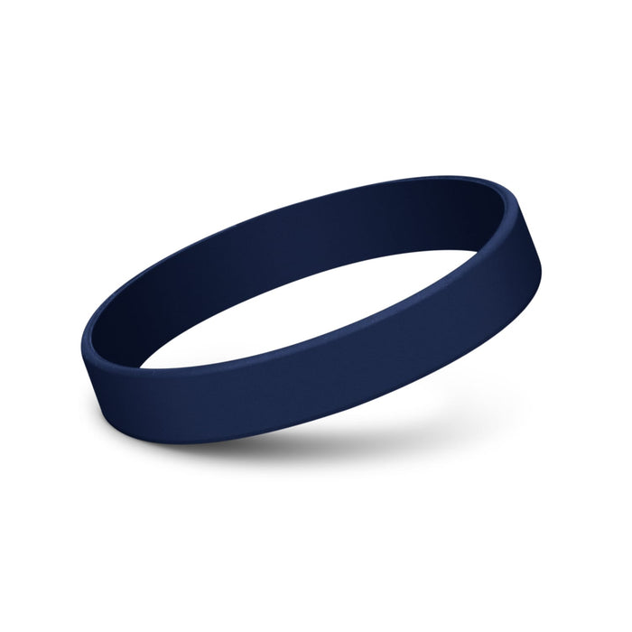 Kids Silicone Wrist Band - Embossed - A navy silicone wristband with a debossed design and a smooth finish, featuring a logo.