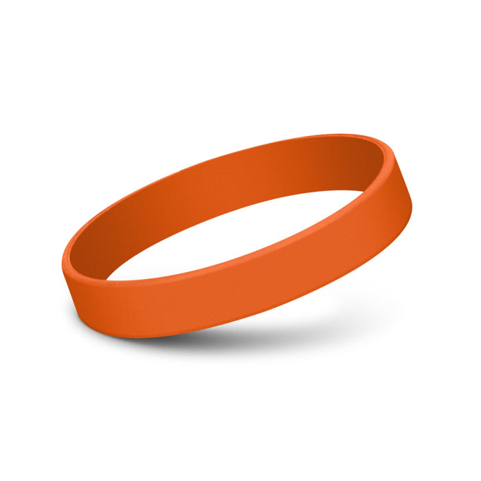 Kids Silicone Wrist Band - Embossed - An orange silicone wristband with a smooth, debossed finish. It features a branding logo.