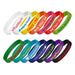 Kids Silicone Wrist Band - Embossed - A collection of silicone wristbands in various colours, featuring embossed text and different designs.
