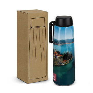 SPICE Calypso Bottle 500ml - Full Colour - A drink bottle with a full colour scenic design, featuring a black lid, alongside a plain cardboard box.