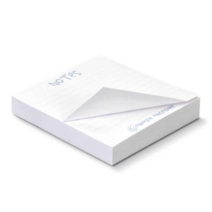 Recycled Sticky Pad 70 x 75mm - 100 Sheets - A white sticky notepad with a sheet slightly lifted, featuring lined pages and a logo on the corner.