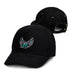 Essence Organic Cap - A black cap featuring a logo with wings, displaying a sleek design. The back has an adjustable strap.