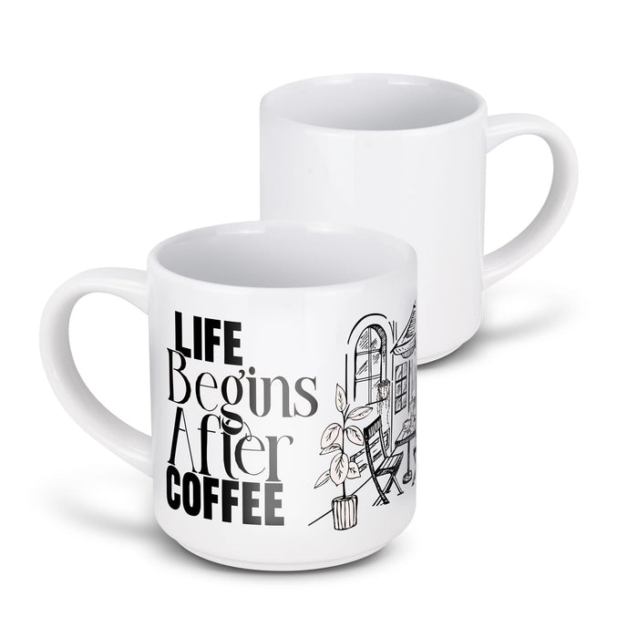 Arista Stackable Coffee Mug - A stackable white coffee mug with a decorative black illustration and text on one side.