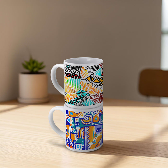 Arista Stackable Coffee Mug - A stackable coffee mug set featuring colourful, patterned designs on white ceramic with a glossy finish.