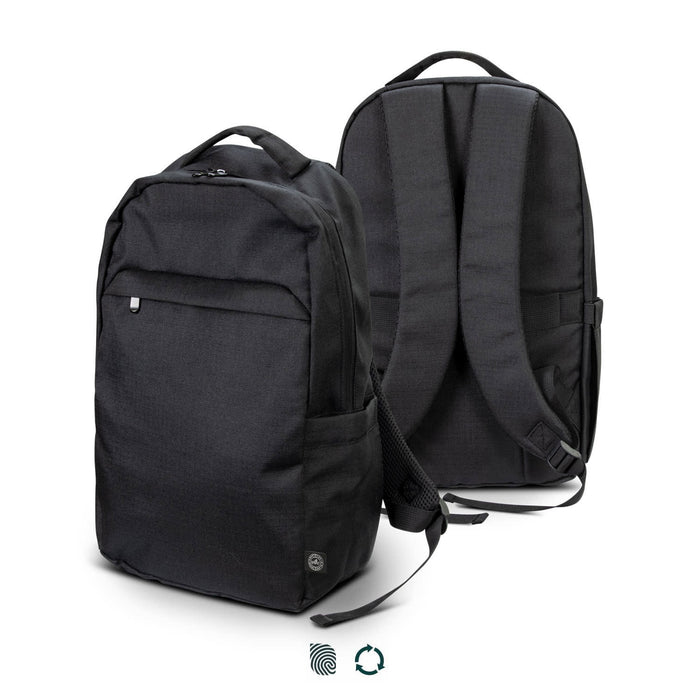 Oceana Recycled Backpack - A black recycled backpack with padded straps and a front pocket, featuring a logo on the side.