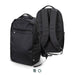Oceana Recycled Backpack - A black recycled backpack with padded straps and a front pocket, featuring a logo on the side.