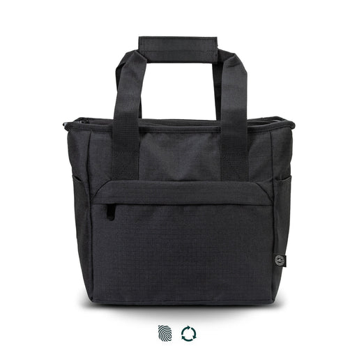 Oceana Recycled Cooler Bag - A black cooler bag with two handles, featuring a zippered compartment and side pockets. It also has a logo.