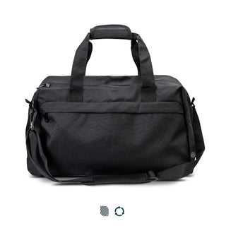 Oceana Recycled Duffle Bag - A black recycled duffle bag with dual handles, a shoulder strap, and a logo on the side.