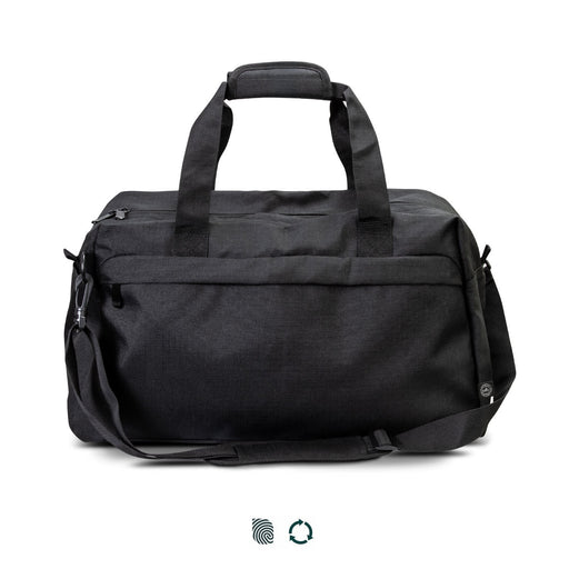 Oceana Recycled Duffle Bag - A black recycled duffle bag with dual handles, a shoulder strap, and a logo on the side.