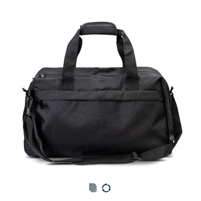 Oceana Recycled Duffle Bag - A black recycled duffle bag with dual handles, a shoulder strap, and a logo on the side.