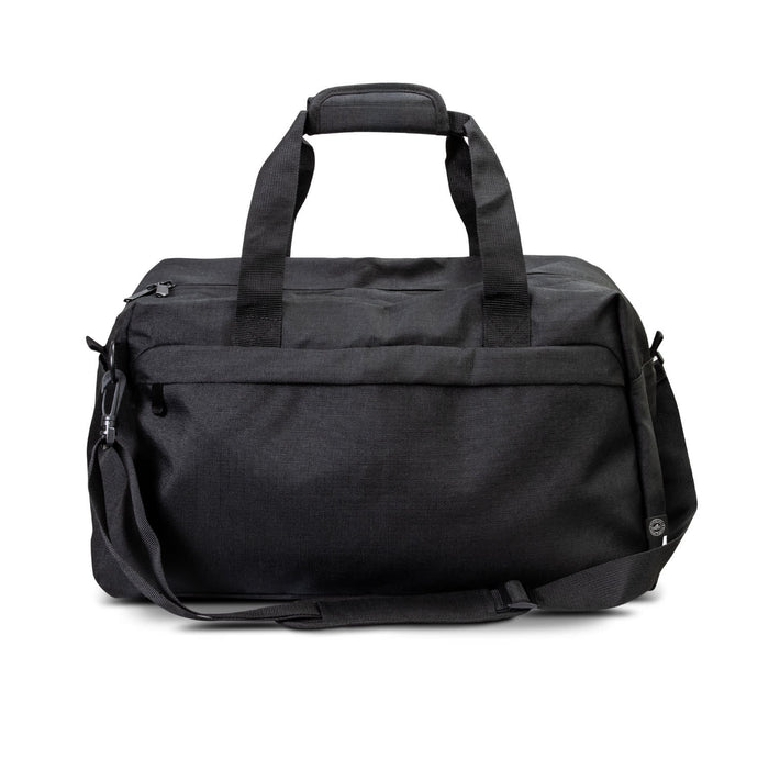 Oceana Recycled Duffle Bag - A black recycled duffle bag with dual handles and an adjustable shoulder strap. It features a logo.